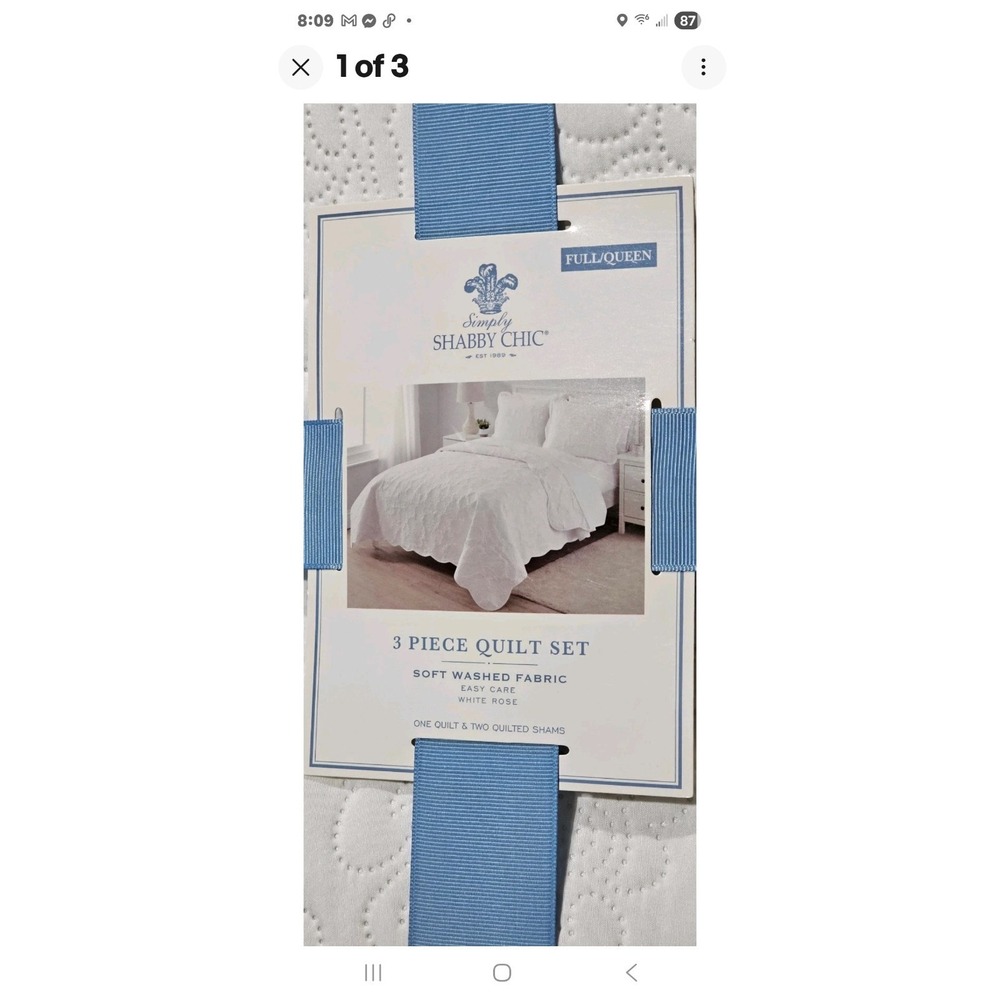 Simply‎ Shabby Chic White Rose 3-Piece Quilt Set Full/Queen